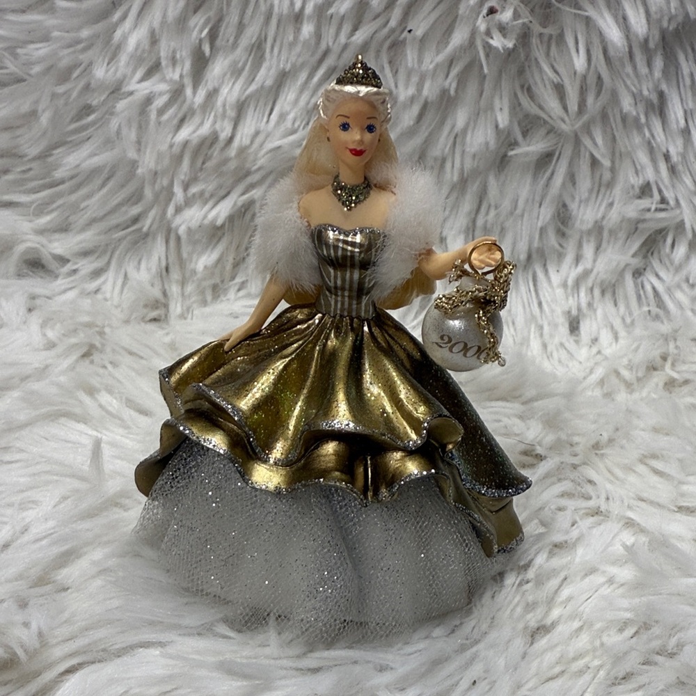 2000 Barbie Collectible with Gold and Silver Base Christmas Ornament
